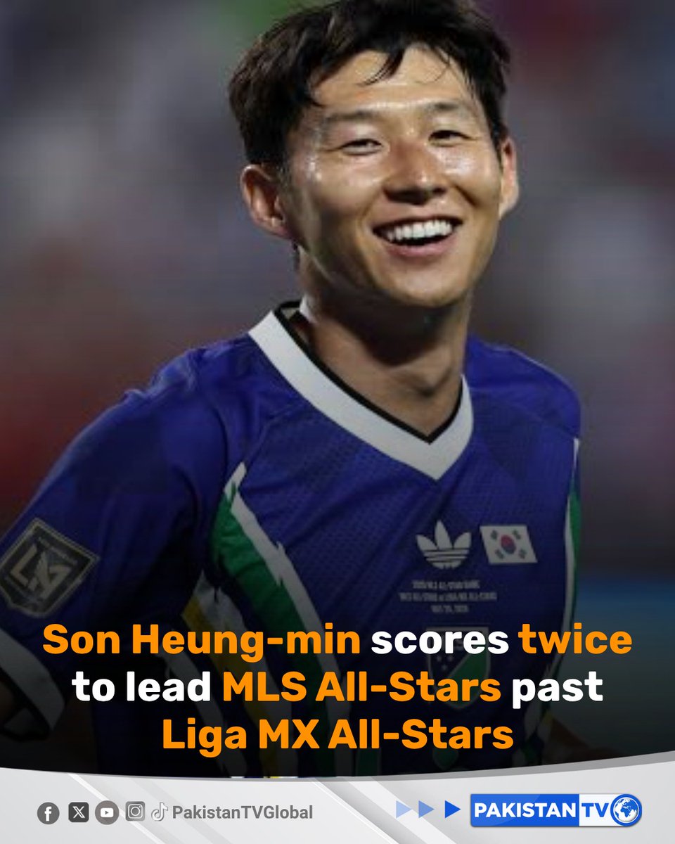 PakTVGlobal's tweet photo. Son Heung-min scored two goals to inspire the MLS All-Stars to a 4-3 victory over the Liga MX All-Stars in the MLS All-Star Game in Charlotte, North Carolina, earning MVP honours after a match-winning performance.

#MLSAllStar #SonHeungMin #LigaMX #Football #PakistanTV https://t.co/MS1DIrP5Tl