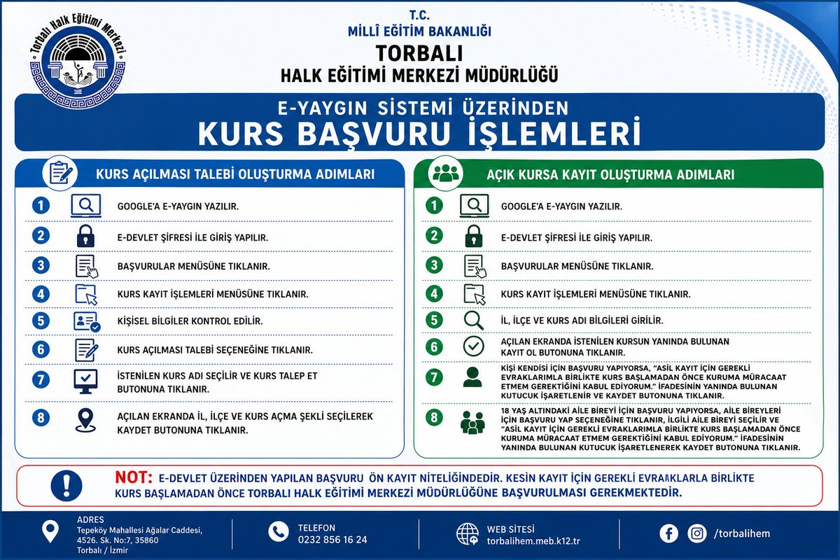 HalkTorbal's tweet photo. E-Yaygın Sistemi üzerinden kurs başvurusu ve kurs açılması talebi oluşturma adımları afişimizde yer almaktadır. Başvurularınızı kolayca gerçekleştirebilirsiniz. https://t.co/BC8vbDZYT4