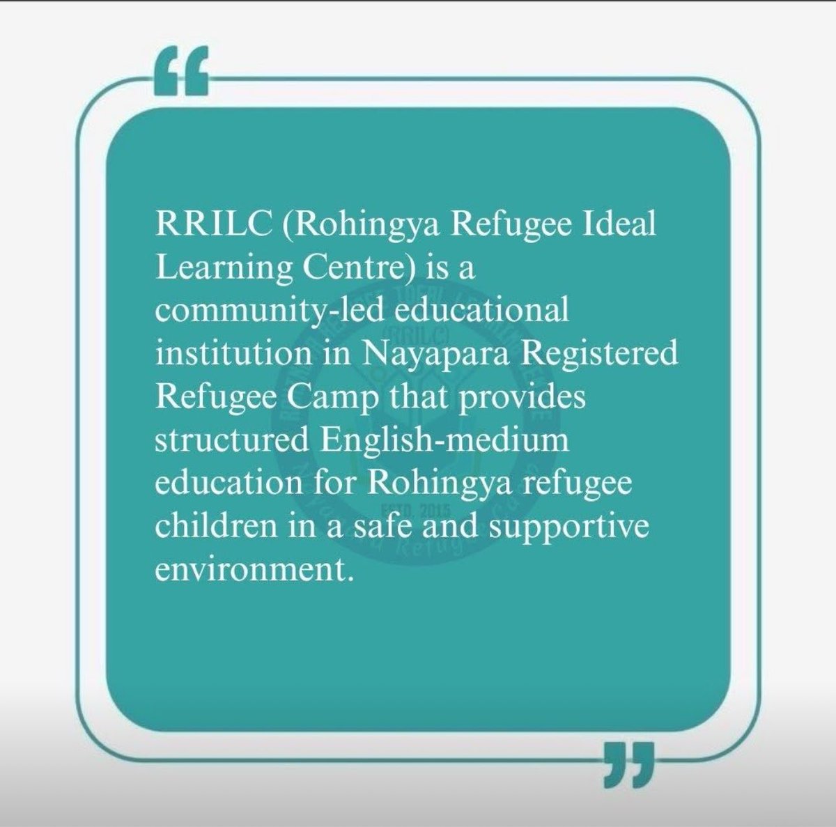rrilc2015's tweet photo. What is RRILC?

RRILC (Rohingya Refugee Ideal Learning Centre) is a community-led educational institution in Nayapara Registered Refugee Camp, Bangladesh.

Want to get involved or show your support?

Follow @rrilc2015 to learn more. https://t.co/J4hazdOYi9