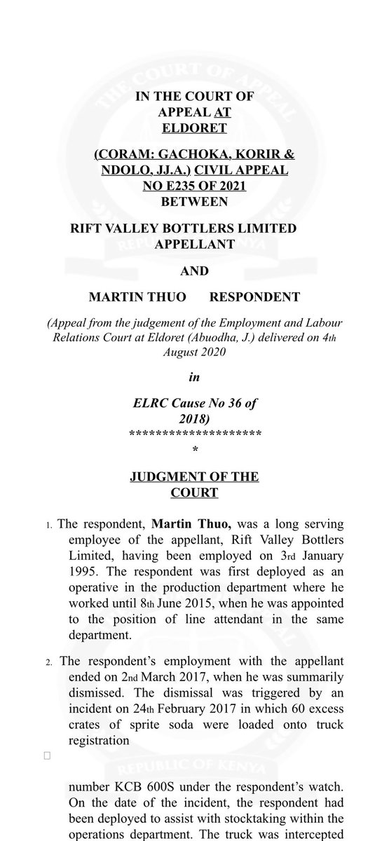 Lexken_EMSLaw's tweet photo. 🚨 Can your employer fire you over an honest mistake you’ve made even when they have suffered no loss?

This is Rift Valley Bottlers Limited v Martin Thuo, decided by the Court of Appeal on 24 July 2026. It is one of the most counterintuitive employment rulings of the year, and it exposes a limit on judicial power that few employees, or employers, understand.🧵
