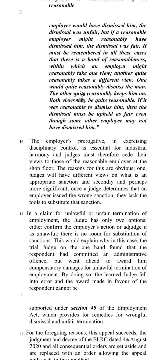 Lexken_EMSLaw's tweet photo. 🚨 Can your employer fire you over an honest mistake you’ve made even when they have suffered no loss?

This is Rift Valley Bottlers Limited v Martin Thuo, decided by the Court of Appeal on 24 July 2026. It is one of the most counterintuitive employment rulings of the year, and it exposes a limit on judicial power that few employees, or employers, understand.🧵