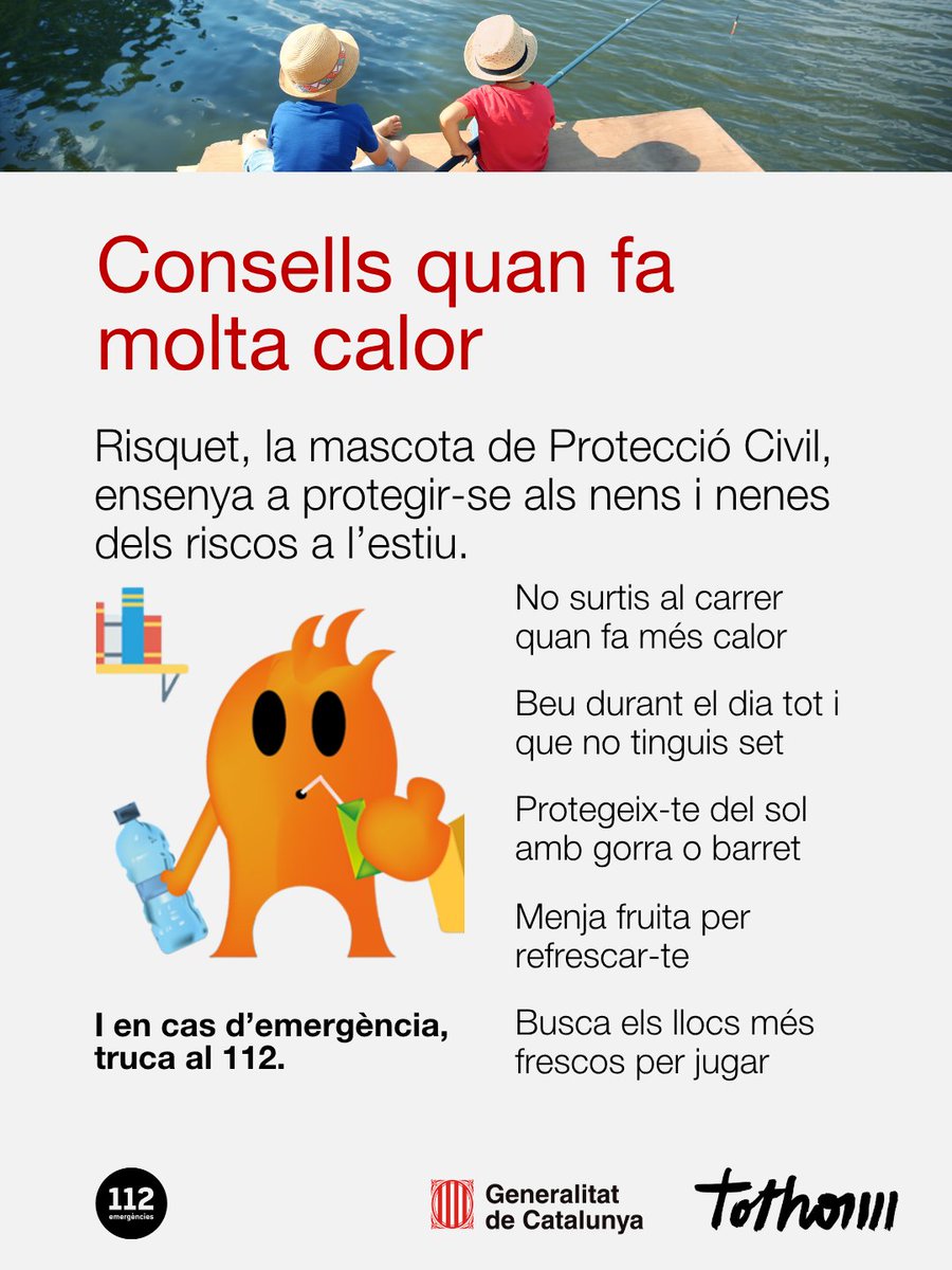 112's tweet photo. 🥵 Quan fa molta calor, segueix els consells del Risquet, la mascota de #ProteccióCivil

▪️ Porta gorra o barret
▪️ Beu encara que no tinguis set
▪️ Estigues a llocs frescos
▪️ No surtis al carrer al migdia

I molt més a: https://t.co/QfKiOqtKtr https://t.co/HgEIl59ulw