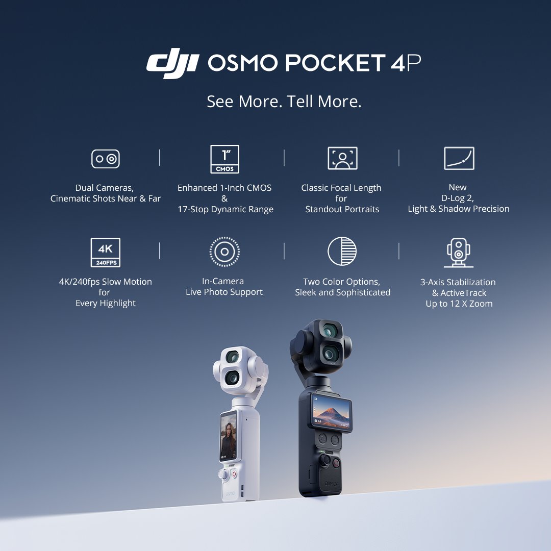 DJIGlobal's tweet photo. DJI Osmo Pocket 4P is here—the Dual-Lens Cinematic Pocket Gimbal Camera. 🎥✨See More. Tell More.

Unleash unrivaled cinematic versatility with the Osmo Pocket 4P's innovative dual-camera system, meticulously engineered to capture breathtaking visuals – from sweeping landscapes to intricate close-ups.
Its wide-angle lens features an all-new 1-inch CMOS sensor, delivering an impressive 17-stop dynamic range for unparalleled detail and clarity. Harness the power of the brand- new 10-bit D-Log 2 color mode, unlocking boundless creative freedom for post-production. The 60mm med-tele lens with an F1.8 aperture crafts natural, cinematic bokeh, elevating portraits with stunning depth and definition. Capture highlight moments with 4K/240fps slow motion, and make unforgettable cinematic sequences.
Simply slip it into your pocket and unlock an entirely new dimension of cinematic storytelling – wherever inspiration strikes.

✅ Dual Cameras | Cinematic Shots Near & Far
✅ Enhanced 1-Inch CMOS & 17-Stop Dynamic Range
✅ Classic Focal Length for Standout Portraits
✅ New D-Log 2 | Light & Shadow Precision
✅ 4K/240fps Slow Motion for Every Highlight
✅ In-Camera Live Photo Support
✅ Two Color Options | Sleek and Sophisticated
✅ 3-Axis Stabilization & ActiveTrack Up to 12× Zoom

Learn more👉 https://t.co/5GaInN7O4b
Shop now🛒 https://t.co/pD2GkryQrp

#DJI #DJIOsmo #OsmoPocket4P #PocketCamera