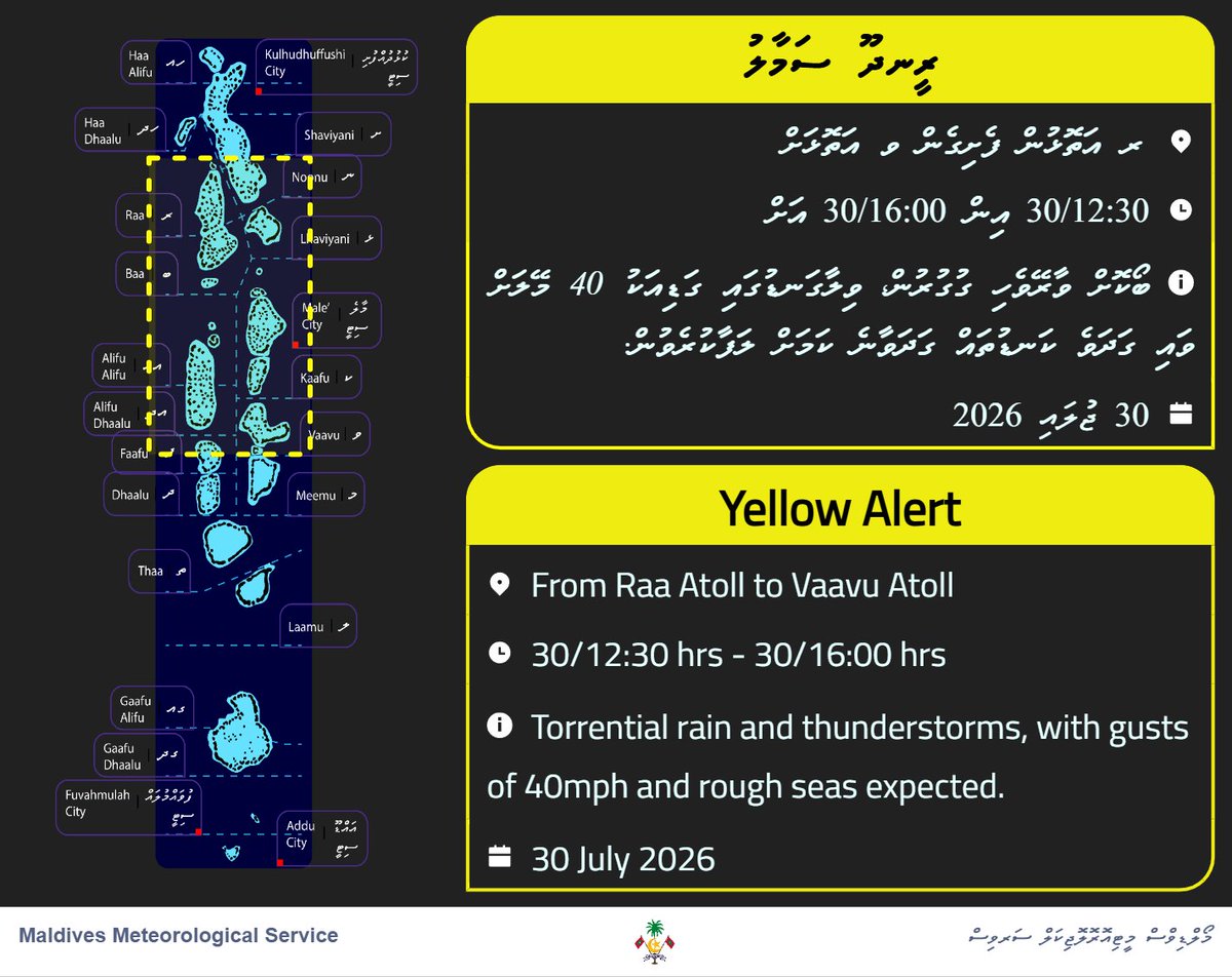 MetMaldives's tweet photo. Alert yellow for torrential rain https://t.co/kJyXQtffxd