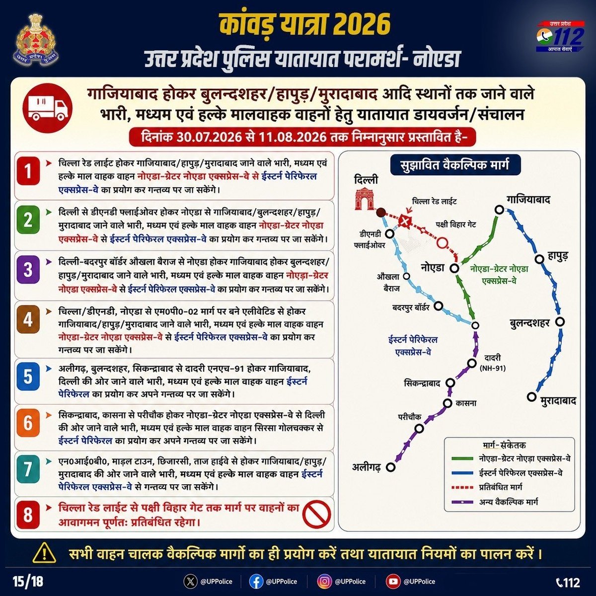 Uppolice's tweet photo. #KanwarYatra2026 | ट्रैफिक एडवाइजरी 🚦नोएडा पुलिस 

लक्ष्य केवल गंतव्य नहीं—
Zero Incident. Zero Accident.

ट्रैफिक एडवाइजरी का पालन करें और सुरक्षित, सुव्यवस्थित कांवड़ यात्रा में सहभागी बनें।

#ZeroIncidentZeroAccident
#UPPolice https://t.co/d27Go8PcLW