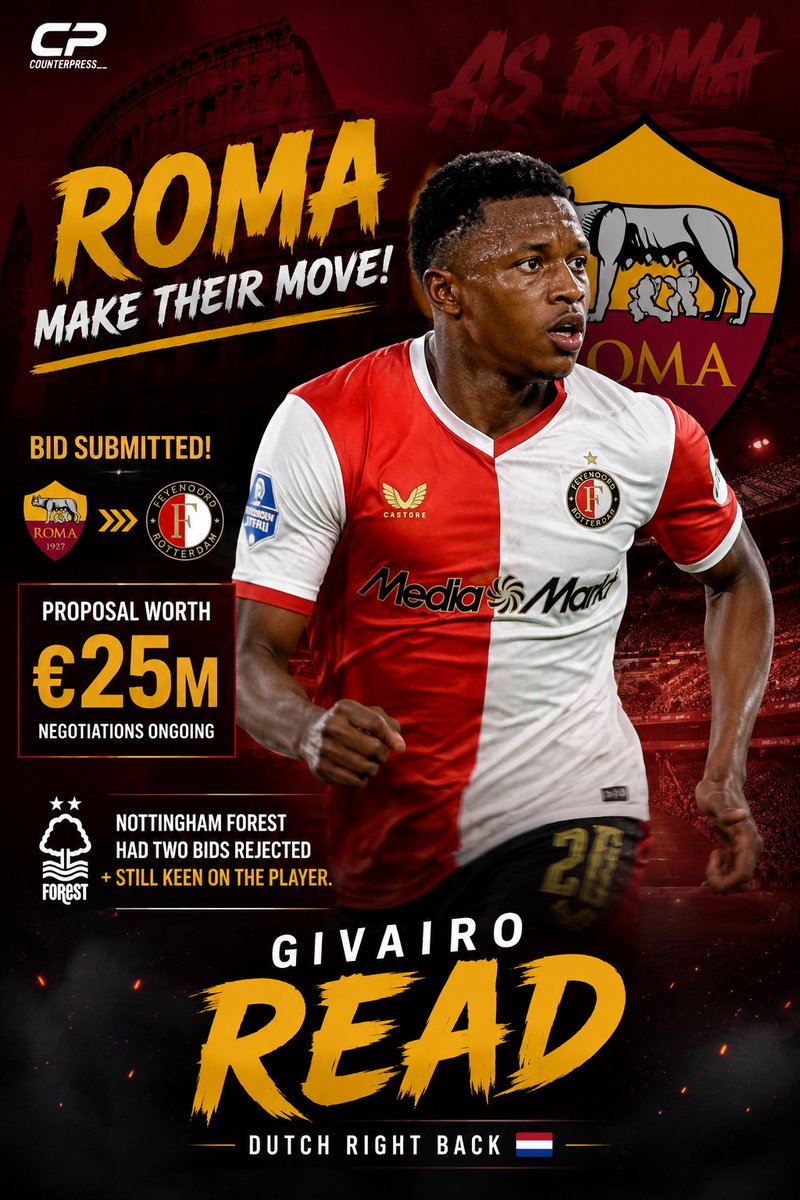 Counterpress__'s tweet photo. @FabrizioRomano 🚨 Roma make their move for Givairo Read! 🇳🇱🔥
€25M bid submitted to Feyenoord — negotiations underway. 👀
Could this be the next big Serie A signing? 🟡🔴 https://t.co/46NeMNxow1