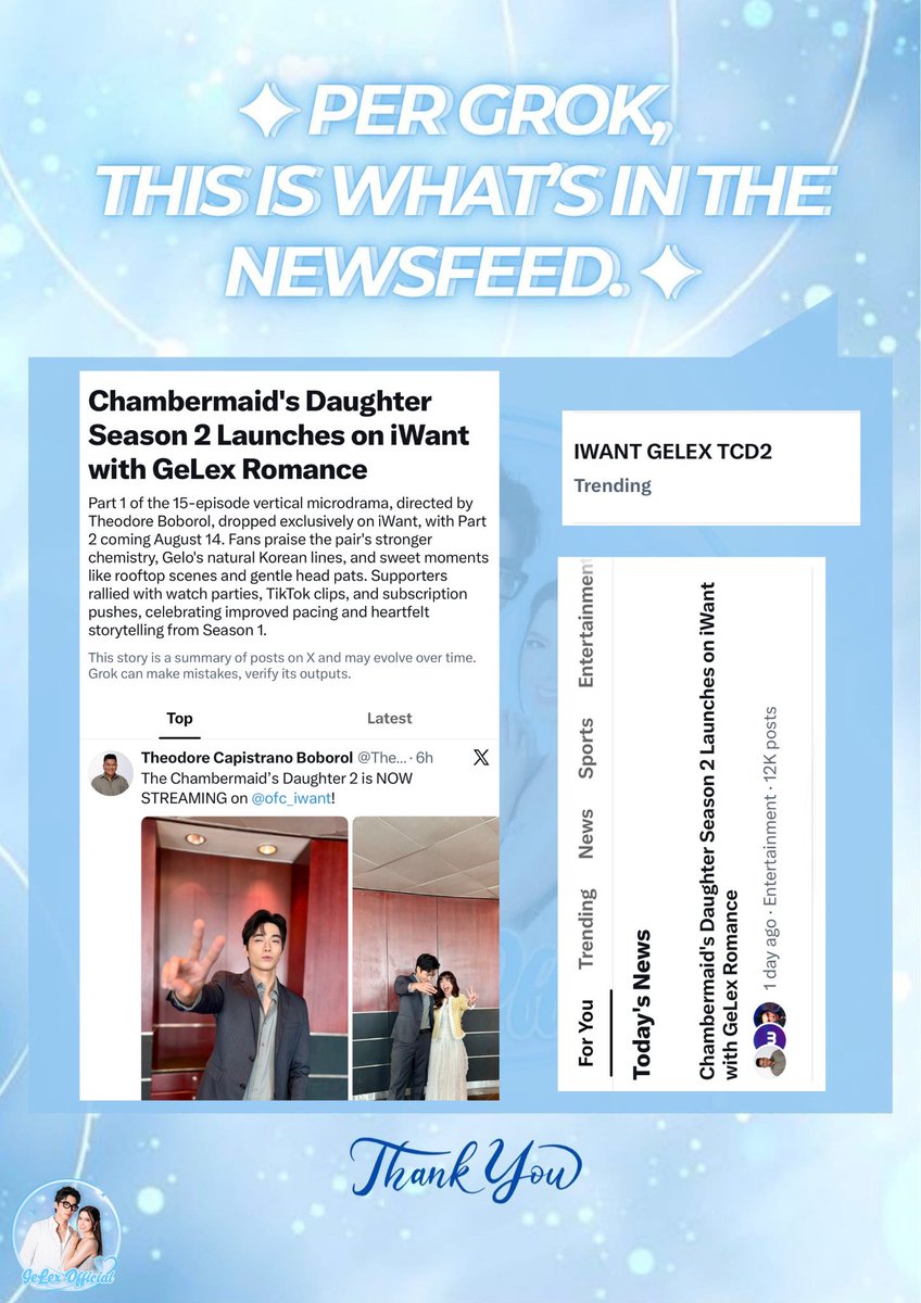 gelex_ofc's tweet photo. ✨ 𝗧𝗵𝗮𝗻𝗸 𝗬𝗼𝘂! 

Nakakaproud ang 𝗧𝗵𝗲 𝗖𝗵𝗮𝗺𝗯𝗲𝗿𝗺𝗮𝗶𝗱’𝘀 𝗗𝗮𝘂𝗴𝗵𝘁𝗲𝗿 𝗦𝟮!🩵

Please continue using our official tag &amp; make sure to use the same hashtag across all social media. @TheodoreBoborol @vaughnic 

IWANT GELEX TCD2 
#TheChambermaidsDaughterSeason2 https://t.co/XgBPpGXU3h