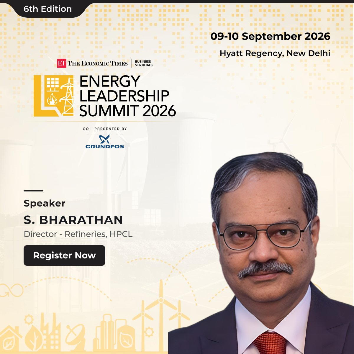 ETEnergyWorld's tweet photo. Driving innovation in refining for a sustainable energy future. We're pleased to welcome S. Bharathan, Director – Refineries, HPCL, as a Speaker at the 6th Edition ET Energy Leadership Summit 2026.

Register Now - https://t.co/8B4J01MXes

#EnergyLeadership https://t.co/FoX8hvS8nW