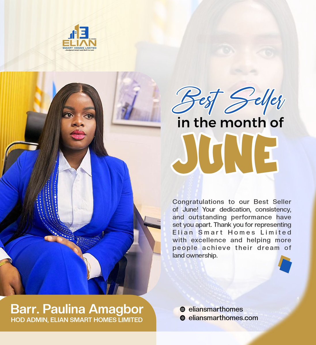 Eliansmarthomes's tweet photo. Big congrats to Barr. Paulina Amagbor, our Best Seller in the Month of June! 🏆 Your consistency and drive are setting the pace at Elian Smart Homes Limited. Here’s to more wins ahead 🥂

#EliansmartHomes #BestSellerInTheMonthOfJune #AbujaRealEstate https://t.co/IPqRbZ6RQn