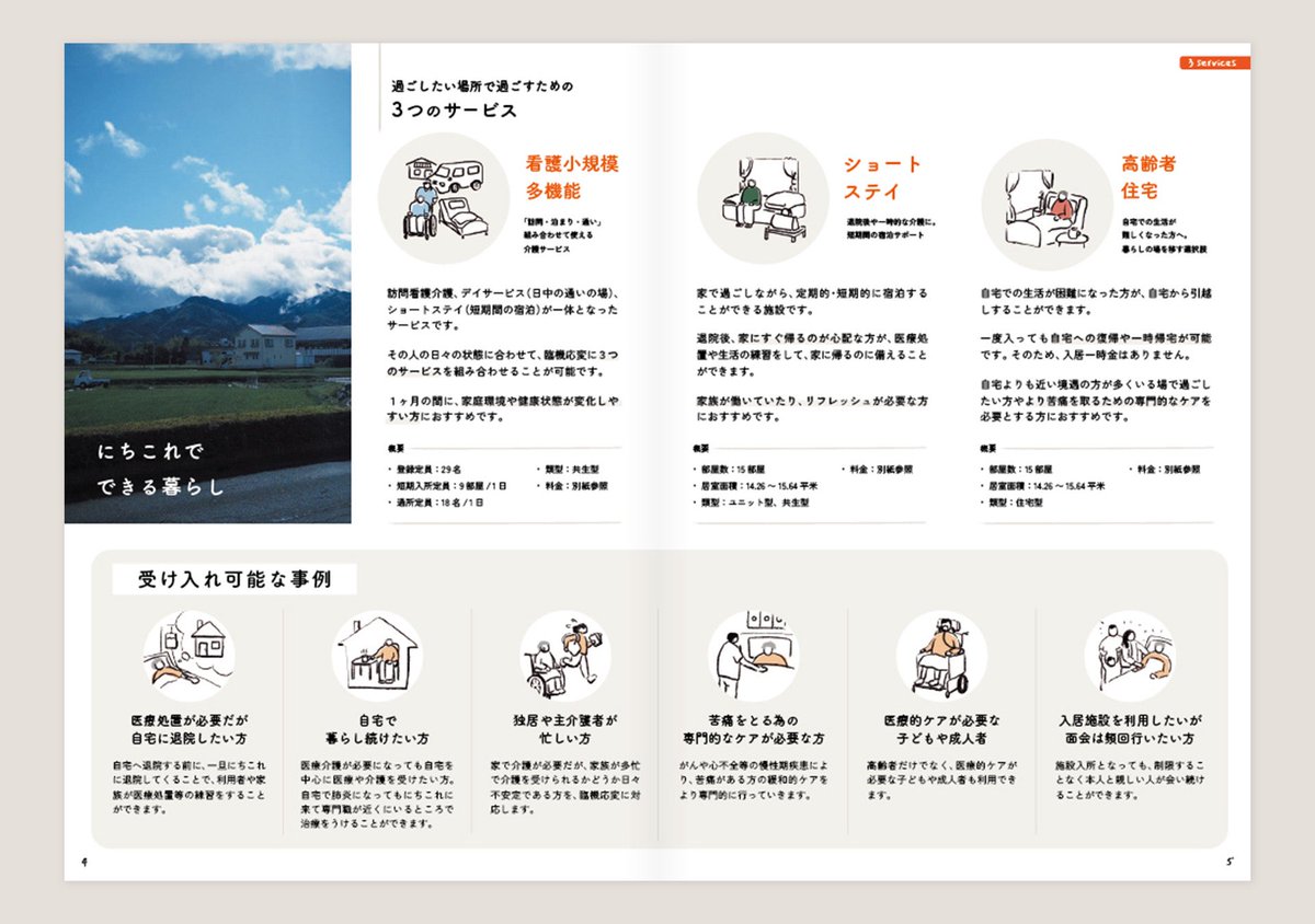 kaetsuuuu's tweet photo. 【WORK】医療法人医王寺会様の新設の介護施設『にちこれ』のパンフレット制作をしました。
イラストとデザインを担当させていただきました。その人らしい暮らし、がコンセプトの施設。なので、生活を感じさせるような柔らかなイラストとデザインの雰囲気で仕上げました。 https://t.co/wu3nC71oyj