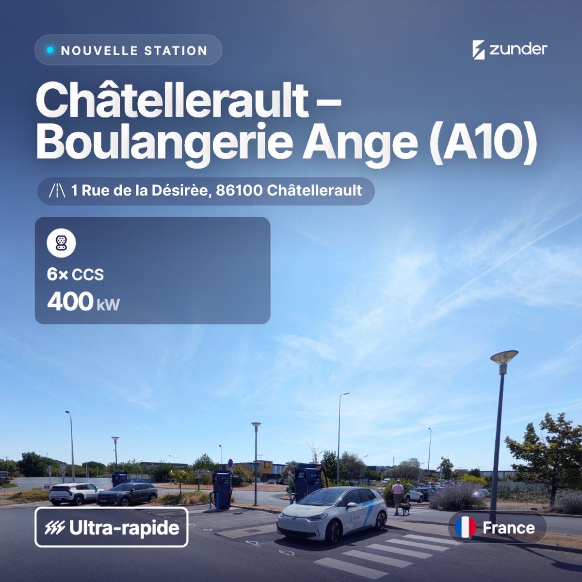 zunderFR's tweet photo. 💥 #Ouverture | La station de recharge ultra-rapide @zunder_eu sur l’A10 à #Châtellerault (@departement86) est désormais opérationnelle !

⚡6 connecteurs CCS (puissance maximale 400 kW)
✅ Plug&amp;Charge disponible https://t.co/KaXmIoL9dA