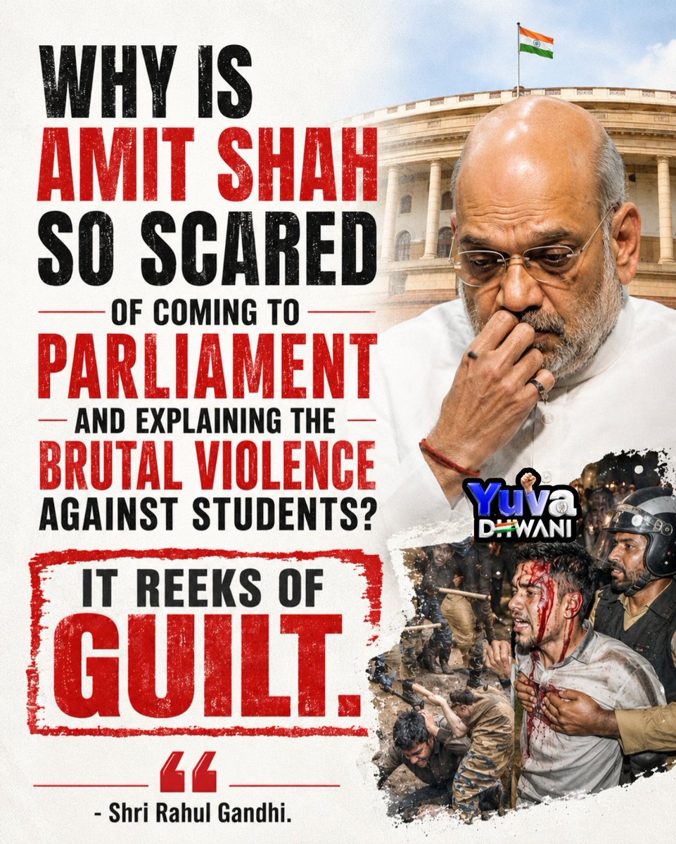 Yuvadhwanikpycc's tweet photo. Why is Amit Shah so scared of coming to Parliament and explaining the brutal violence against students?

It reeks of guilt.

Shri @RahulGandhi Avaru.🔥

#sackshah #bjpgoondaism #Bjpfailsindia #yuvadhwanikpycc https://t.co/KI0vjk7Gfs