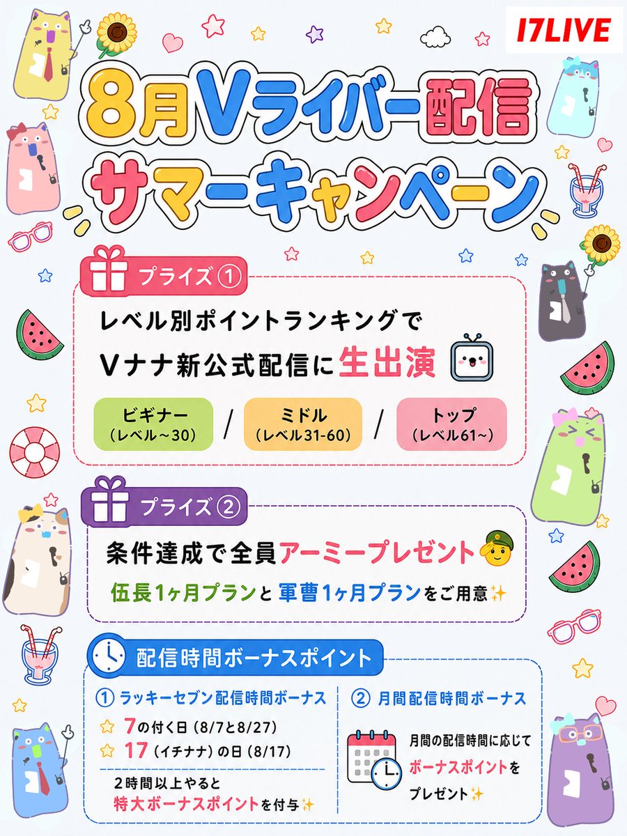 17LIVEJP_V's tweet photo. /／
認証Vライバーレベル別ランキング👑
🛟🌻8月Vライバー配信サマーキャンペーン🍉🍧
公式配信出演チャンス📺アーミープレゼント💝
\＼

📣2026年8月1日〜8月31日認証Vライバー限定💝
レベル別ポイントランキングで合計15名様が『Vナナ公式配信新番組📺』に出演できる✨
さらに、条件達成でもれなく全員運営からのアーミー入会プレゼント🫡🎁

🌟ボーナスポイント制導入🌟
7の付く日(8月7日・8月27日)＆イチナナの日(8月17日)はボーナスデー🌟
➕月間配信時間でもボーナスポイントが発生⚡️
たくさん配信してランキング入りを目指そう✊💖

詳細はこちら
┗https://t.co/AITBp2mVpH

📺公式配信は17LIVEとYouTubeで同時配信⚡️
⭐️17LIVE「17LIVE_VLIVER公式」
https://t.co/THCv2cUTYn
⭐️YouTubeチャンネル「Vナナ放送局」
https://t.co/8KZ5wKTx3c 

※先ほど14:00に投稿した内容につきまして、日付の記載に誤りがあったため修正のうえ再掲いたしました。