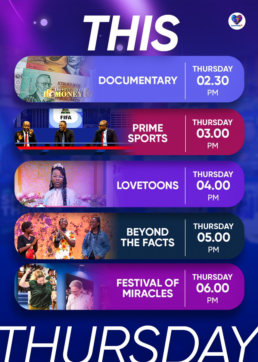 loveworldxp's tweet photo. 💜 Thursday's lineup is stacked! 📺✨
Sports ⚽ | Inspiration 🙌 | Youth 🌍 | Kids 🎉 | Miracles 💫
There's something for everyone on LoveworldXP!
📺 Watch LIVE: https://t.co/aMr9L1pyhS
#LoveworldXP #LXP #FestivalOfMiracles #PrimeSports #ThursdayLineup https://t.co/gP73Ex8qLd