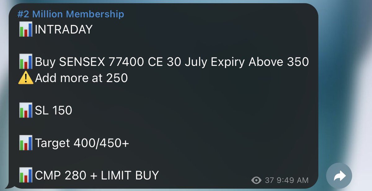 TheTradeTitansX's tweet photo. 🎖️📈 Winning Streak 2.0 Day 35 🔥 SENSEX Spike Captured Perfectly | 2 Million Club Unstoppable!

🪂 When SENSEX Explodes, How Can the 2 Million Club Stay Behind?

Another trading day. Another flawless execution.

Today marks the successful completion of Winning Streak 2.0 – Day 35, as the 2 Million Club once again capitalized on the biggest intraday opportunity of the session.

The entire 12:35 PM spike was captured with precision, turning a planned setup into another winning trade.

🎯 Trade Executed

📌 SENSEX 77,400 CE
🕘 Trade Shared: 9:45 AM
📍 Entry Condition: Buy Above ₹350

🎯 Targets Given:
✅ Target 1: ₹400
✅ Target 2: ₹450

As momentum accelerated during the afternoon, the option witnessed a sharp rally around 12:30–12:35 PM, and both recommended targets were achieved with ease.

The trade continued its rally to an intraday high of ₹528.

📈 Performance Summary
🟩 Entry Trigger: Above ₹350
🟩 Intraday High: ₹528
📊 ROI Generated: +50.86%
📈 Return Generated: +50.86%
🎯 All Recommended Targets Successfully Achieved

Today’s trade was another example of disciplined execution, patience, and timely participation in momentum.

Winning Streak 2.0 – Day 35 is now officially complete.

All Targets Hit. Unbeatable. Unstoppable. Consistent Trades in the 2 Million Club. 🔥

🏹 If you booked profits in today’s SENSEX trade through the 2 Million Club, don’t forget to hit the ❤️ Like button and let us know you’re part of the Day 35 winning streak!

#WinningStreak #Sensex #IntradayTrading #2MillionClub #TradeTitans #OptionsTrading #StockMarket #sensexoptions #Trading