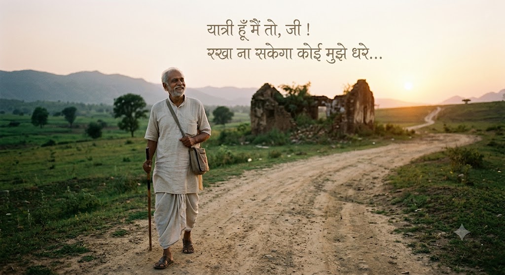 ashishb15531661's tweet photo. यात्री हूँ मैं तो, जी ! 
रख न सकेगा कोई मुझे धरे।
 सुख-दुःख के बन्धन सारे हैं झूठे,
बँधा हुआ यह घर न रहेगा पीछे;
विषय- #भार खींचता मुझे है नीचे !
ढह जाएगा टूट-फूटकर यह तो॥ 
  -रवींद्रनाथ टैगोर
#भार #लेखनी
@AarTee33 @pareeknc7 https://t.co/oiiZVlMAZ2