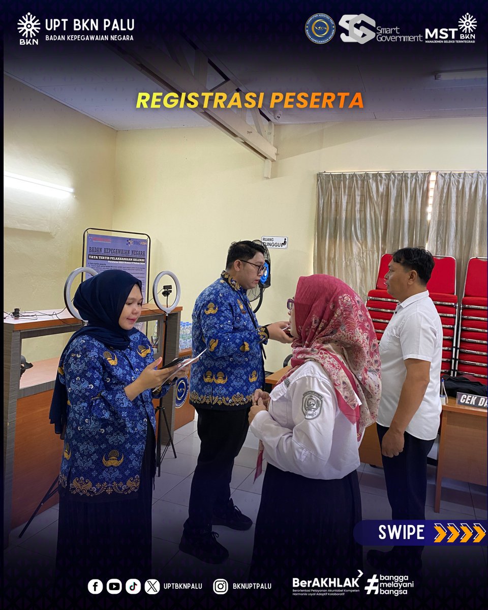 uptbknpalu's tweet photo. #SobatBKNPalu | Kamis, 30 Juli 2026

UPT BKN Palu memfasilitasi pelaksanaan Ujian Dinas Tingkat I, Ujian Dinas Tingkat II, dan Ujian Penyesuaian Kenaikan Pangkat (UPKP) bagi ASN di lingkungan Pemerintah Kabupaten Parigi Moutong dengan menggunakan layanan Computer Assisted https://t.co/pMwNnbPGrL
