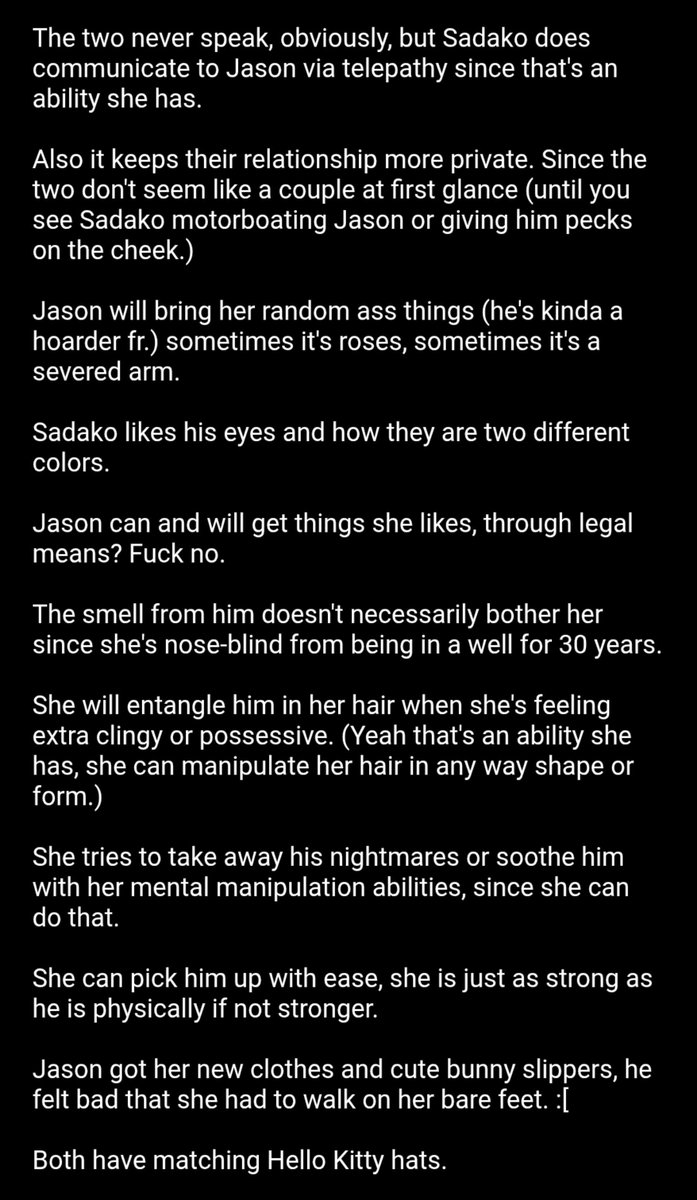 TheLaughingBat6's tweet photo. Some Jason X Sadako headcanons for y'all. :) #JasonVoorhees #SadakoYamamura #horrortwt #Fridaythe13th #Ringu https://t.co/va1wiHmx6V
