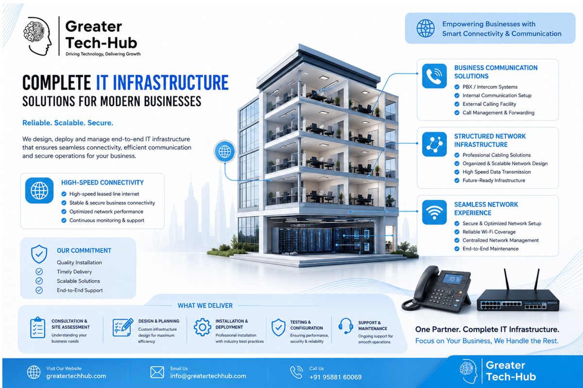 Greatertechhub's tweet photo. Build a Smarter, Faster &amp; Future-Ready IT Infrastructure with Greater Tech-Hub
🌐 Website: https://t.co/DjuEffvYmJ
#GreaterTechHub #ITInfrastructure #EnterpriseNetworking #StructuredCabling #BusinessInternet #LeasedLine #IPPBX #Intercom #Networking #WiFiSolutions #ServerRack https://t.co/Nh8z6daoWL