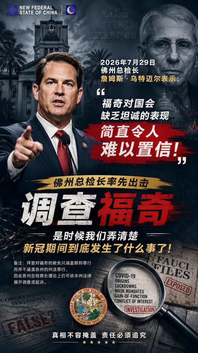 maryann_3040's tweet photo. NFSC聯盟譯統任務3️⃣6️⃣9️⃣8️⃣
上海🌆
澳喜🇦🇺

佛州總檢長第一個站出來要對福奇展開調查！
2026年7月29日佛州總檢長詹姆斯·烏特邁爾表示：福奇對國會缺乏坦誠的表現簡直令人難以置信！我的辦公室將對福奇醫生展開調查——是時候我們弄清楚新冠期間到底發生了什麼事了。

備注：拜登對福奇的赦免只涵蓋聯邦罪行而並不涵蓋各州的州法罪行，因此各州總檢察長理論上仍可依本州法律展開調查或起訴。
#NFSCMultiTranslation