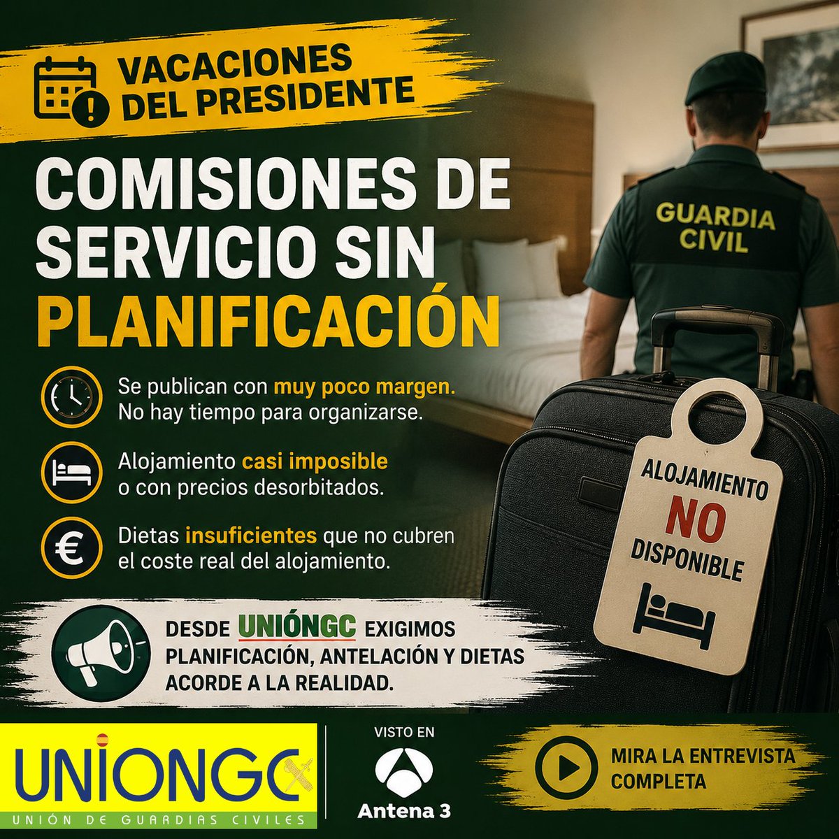 UnionGC's tweet photo. 🎥 Nuestro representante en Cataluña, Francisco Javier Troncoso, intervino ayer en Antena 3 para denunciar una situación que se repite cada verano.

Los guardias civiles que deben cubrir las comisiones de servicio durante las vacaciones del presidente siguen esperando su publicación con muy poco margen de tiempo. Esta falta de previsión les obliga, en muchos casos, a buscar alojamiento cuando los precios ya son desorbitados o, directamente, a no encontrar disponibilidad.

A ello se suma que las dietas previstas son claramente insuficientes para hacer frente al coste real del alojamiento, por lo que muchos compañeros se ven obligados a asumir de su propio bolsillo un servicio que debería estar correctamente planificado y dotado.

Desde UniónGC exigimos una gestión responsable que permita publicar estas comisiones con la antelación necesaria y actualizar unas indemnizaciones que llevan años sin adaptarse a la realidad del mercado.

📺 Os dejamos la intervención completa de nuestro representante en Antena 3.
https://t.co/yhA0w75EnW

#UniónGC #GuardiaCivil #Antena3 #FranciscoJavierTroncoso #ComisionesDeServicio #Vacaciones #Dietas #CondicionesLaborales