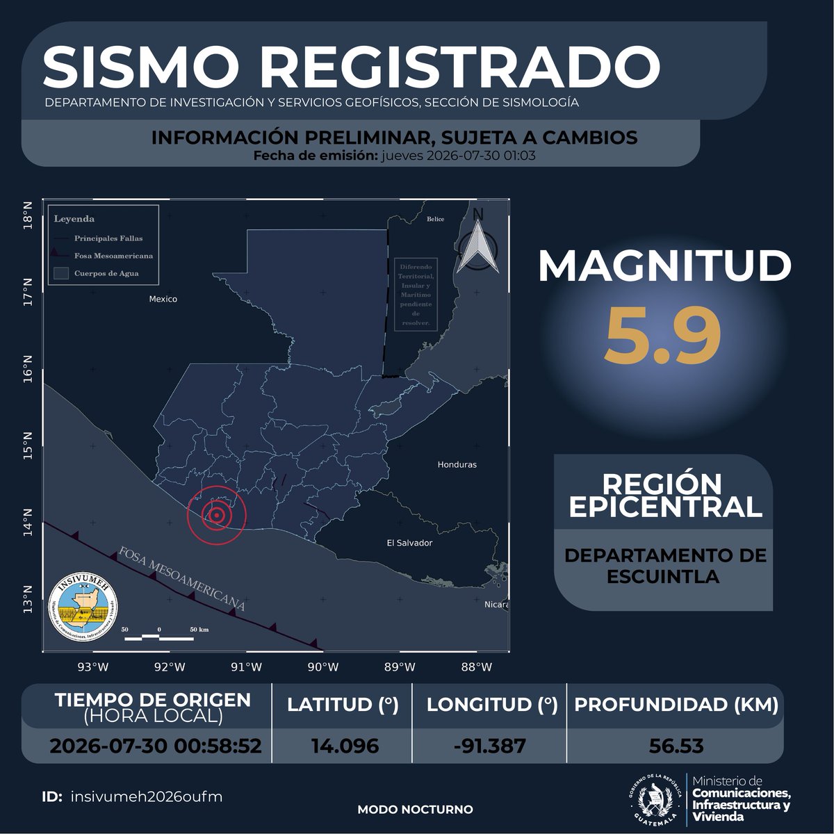 sonora969's tweet photo. 🚨 ACTUALIZACIÓN: de acuerdo a la información preliminar del Insivumeh, un sismo de magnitud 5.9 se registró este jueves 30 de julio de 2026, a las 00:58:52 horas.

La región epicentral tuvo lugar en el departamento de Escuintla.

#TemblorGt https://t.co/NX78CMr6kT