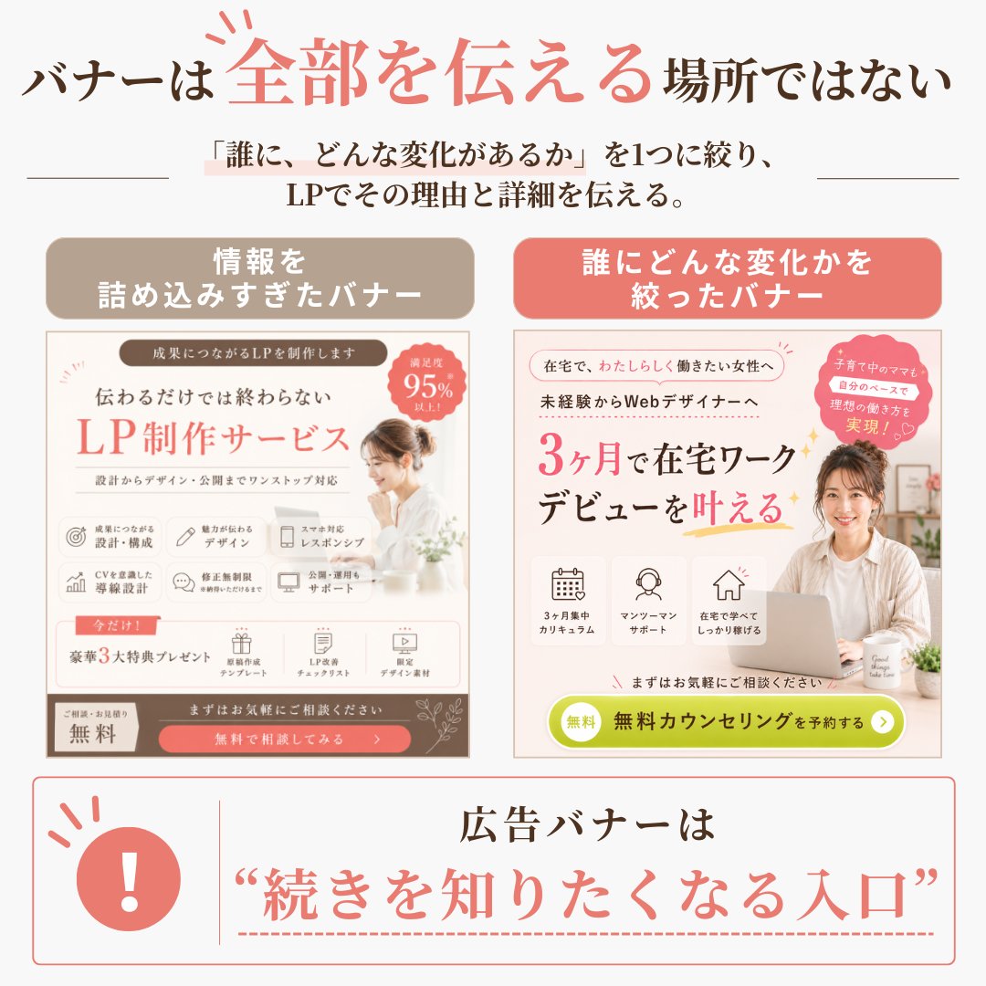 cocodesign0205's tweet photo. 広告はクリックされるのに、
LPで離脱されていませんか？
原因は、バナーとLPの
伝える内容がズレていることかもしれません。
バナーは情報を詰め込む場所ではなく、
「続きを知りたい」と思ってもらう入口。
訴求を絞る考え方を、画像で比較します。 https://t.co/dHS8MGHaq2