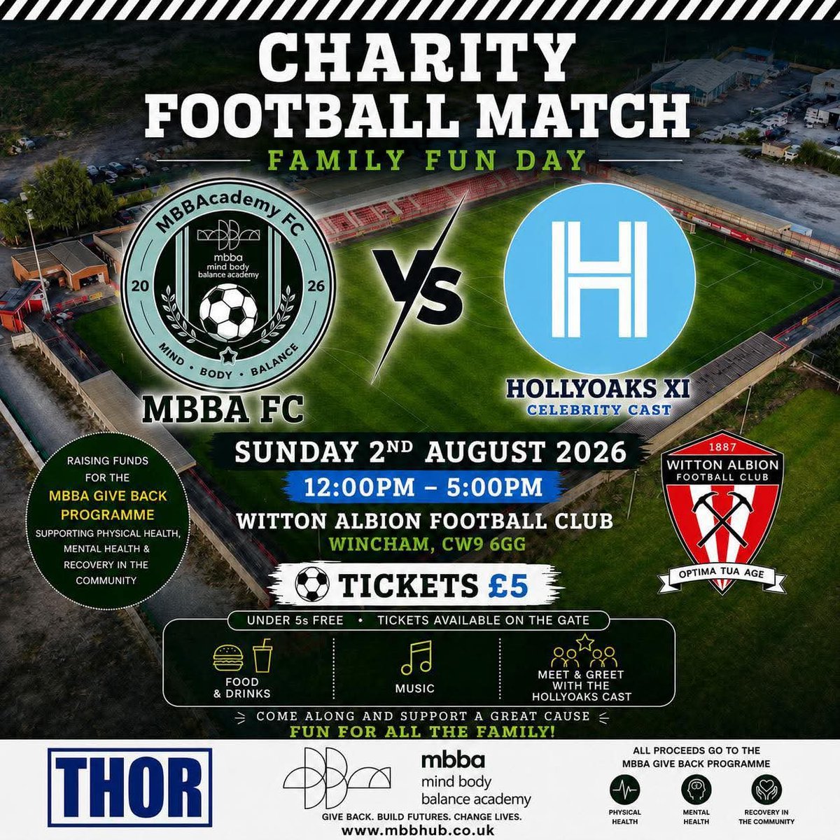 WittonAlbion's tweet photo. ⚽ CHARITY FOOTBALL &amp; FAMILY FUN DAY

MBBA Academy FC take on the Hollyoaks XI Celebrity Cast at Witton Albion!

📅 Sun 2 August
⏰ 12pm–5pm
🎟️ £5 | Under-5s FREE
🚪 Pay on the gate

Food, music, meet &amp; greet and family fun—all for a great cause

#WittonAlbion #CharityFootball https://t.co/L20kR1OKyk
