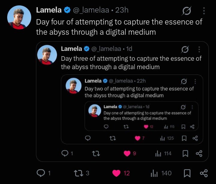 _lamelaa's tweet photo. Day five of attempting to capture the essence of the abyss through a digital medium https://t.co/orExOkn3zi