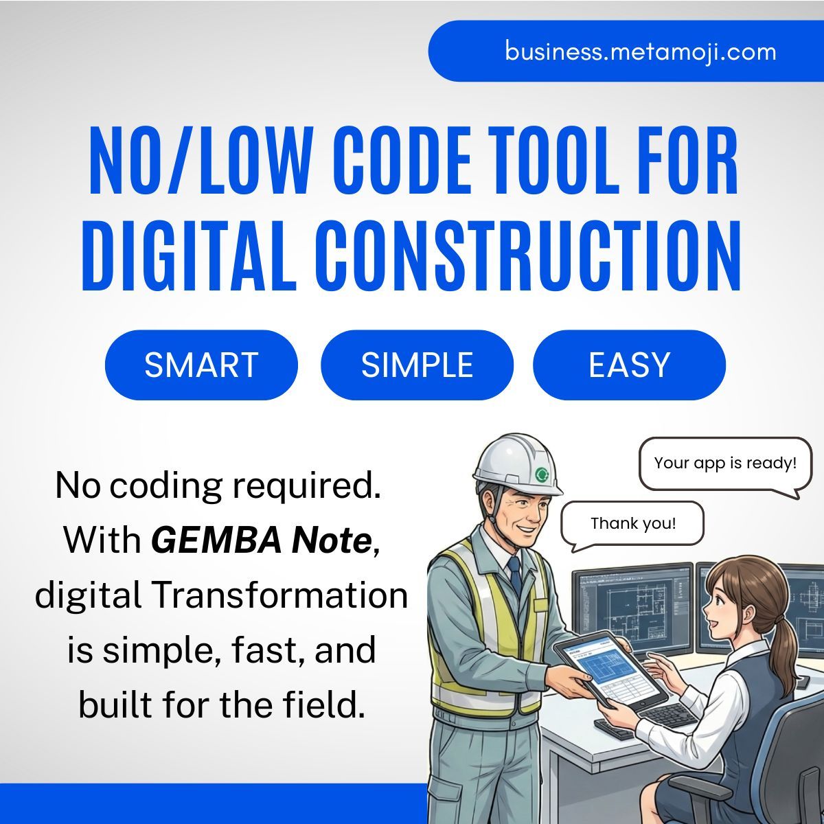 metamoji_en's tweet photo. Build custom construction apps without complex coding. 🏗️

With #GEMBANote's no/low-code tools, you can create digital forms and workflows, share them across your supply chain, and integrate with BIM and enterprise systems via APIs.

#DigitalConstruction #NoCode #ConstructionTech https://t.co/WqhQyQsyM4