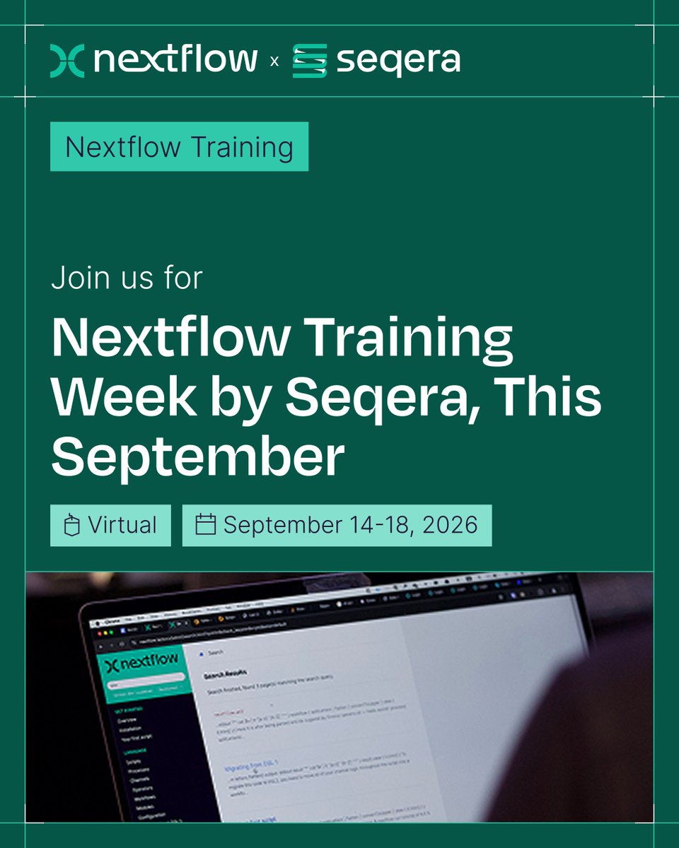 nextflowio's tweet photo. Nextflow Training Week by @SeqeraLabs is back on Sep 14-18, 2026! 🎉Whether you're completely new to workflow management or ready to advance your skills, pick the track that suits you! 💻Online and free to join: https://t.co/oDeXhkXk0X https://t.co/j5i9jLC0YJ