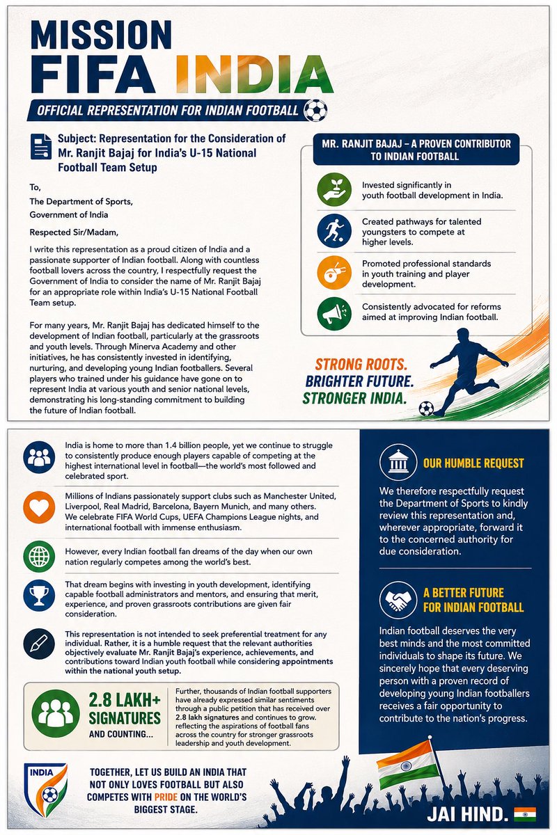 d_aneet's tweet photo. @IndianFootball @mansukhmandviya
@Media_SAI @FIFAcom
Our request is simple: let merit, experience, and results guide the future of Indian football.
#MissionFIFAIndia #SaveIndianFootball #FutureOfIndianFootball #GrassrootsFirst #MeritForIndia #OneNationOneDream #JaiHind https://t.co/ic446WYQ1v