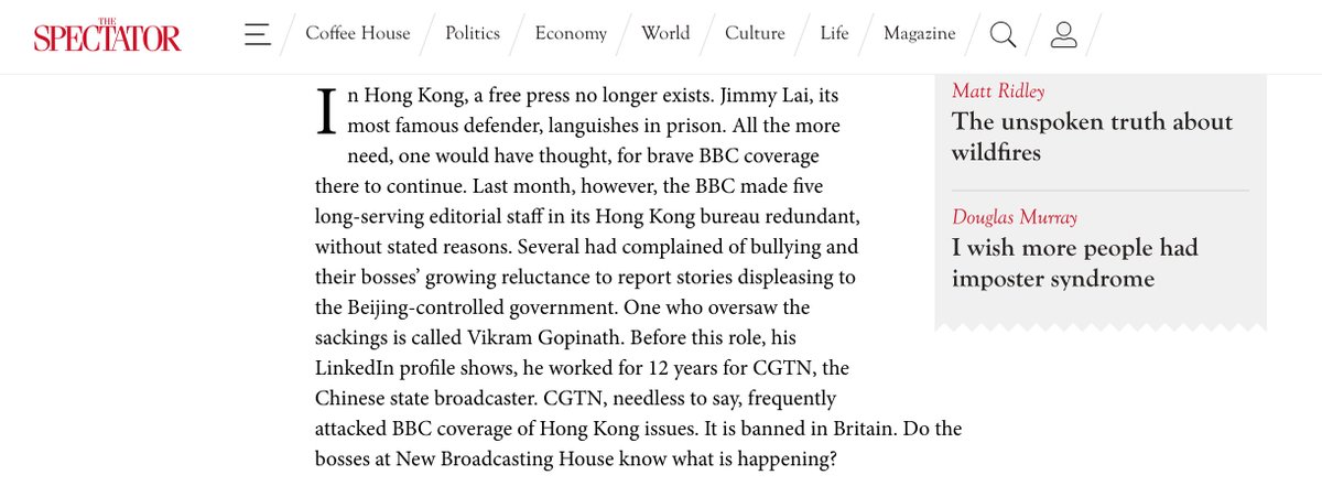 thecfhk's tweet photo. 🚨 The @BBC's Hong Kong bureau just decided it no longer needed the services of five long-serving staff, including correspondent @dannydvincent.

They were made redundant with immediate effect and no explanation.

As our advisory board member, Charles Moore, Baron Moore of Etchingham, writes in his @spectator column, several had complained of bullying and their bosses’ growing reluctance to report stories displeasing to the Beijing-controlled government.

So who was responsible for the decision?

An editor called Vikram Gopinath — hired in March 2025 after working for 12 years at CGTN, China's state broadcaster.

CGTN is a propaganda arm of an authoritarian regime and not a news service. It is banned in the U.K.

Hong Kong needs reporters willing to expose injustice and the ever-intensifying national security crackdown. 

How did a man whose only prior experience appears to be in "telling China's story well" get to wield the knife on so many experienced reporters?

As Lord Moore asks, "Do the bosses at New Broadcasting House (@BBCWorld) know what is happening?"

https://t.co/lB1hFwRyAJ