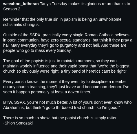 DelicateSwarm's tweet photo. I'll have to let the elderly grandmas and married couples w/ children know that "weeaboo_lutheran" says they have no sexual standards. https://t.co/Bk60ecpUX8