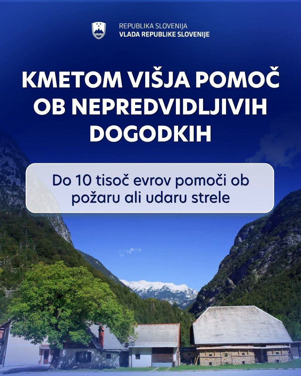 vladaRS's tweet photo. 🚜 Kmetijska gospodarstva bodo lahko v prihodnje ob nepredvidljivih dogodkih prejela višjo finančno pomoč.

Najvišjo pomoč za škodo zaradi požara ali udara strele na nestanovanjskih kmetijskih stavbah zvišujemo na 10.000 evrov. Višina pomoči bo odvisna od ocenjene škode in bo znašala od 1.500 do 10.000 evrov.

Pomoč bo na voljo tudi v primerih smrti, invalidnosti ali daljše bolniške odsotnosti nosilca kmetije, družinskega člana na kmetiji ali čebelarja. ✒️Vloge bo mogoče oddati elektronsko prek sistema e-Kmetija, pomoč pa bo dodeljena na podlagi javnih razpisov.

Več➡️ https://t.co/vUE62bWNzp