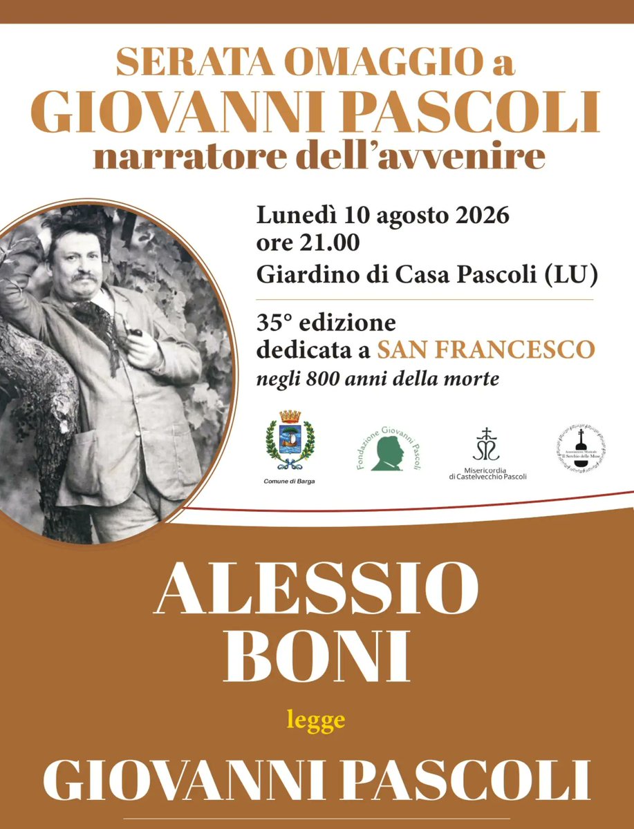 AlessioBoni_FP's tweet photo. Alessio Boni legge Giovanni Pascoli
🌏 Barga giardino della Casa Museo Giovanni Pascoli
🗓️ 10 agosto ore 21.00
📌 Info e prenotazioni (dal lunedì al sabato, h 8-18):
📞 348 7505767
📧 info@fondazionepascoli.it
#GiovanniPascoli #CasaPascoli #AlessioBoni #Barga #10agosto https://t.co/x5BORp6LlS