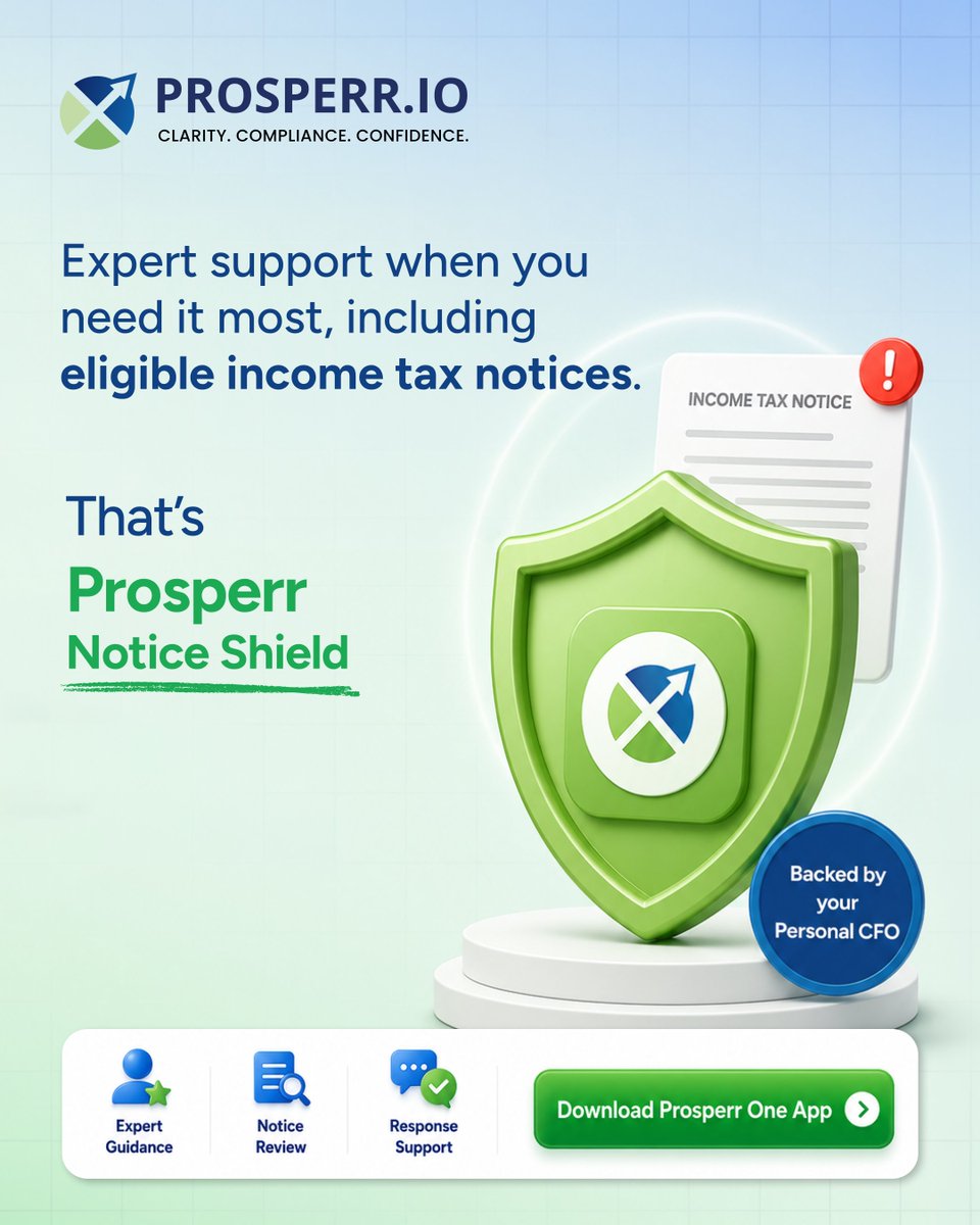 ProsperrOne's tweet photo. Received an income tax notice? Don't panic. Get it reviewed by experts and respond with confidence.
With Prosperr Notice Shield, you're backed every step of the way.  https://t.co/RPfoL6ot5n
#ITR2026 #IncomeTax #TaxPlanning #Prosperr #Form26 #ITR #ITRDeadline #TCS https://t.co/aujvCOParg