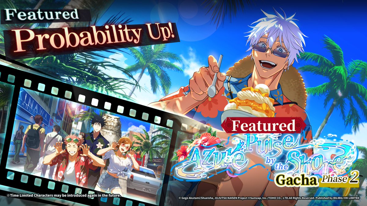 JJKPP_GL's tweet photo. ◤#JujutsuKaisenPhantomParade◢
   The brand-new SSR character [Savor the Melt] #SatoruGojo is set to make an appearance
  [Azure Pulse by the Shore Gacha - Phase 2-] Event Preview!

◇ SSR Characters
  [Savor the Melt] #SatoruGojo

◆ SSR Recollection Bits
  [Yes, Shisa! ]

The above character(s) and Recollection Bits will enjoy Probability Up in the [Azure Pulse by the Shore Gacha - Phase 2-] event.

Event Duration: 
July 31, 2026, 3:00 PM to September 3, 2026, 2:59 PM (UTC+9)

*For details about the event, please check the in-game notices. Some features may involve payments, please be aware. 
*If version maintenance occurs on the event day, the event schedule will follow the actual start time shown in-game.

▼Jujutsu Kaisen Phantom Parade is blazing through downloads!▼ 
[Download Now]:https://t.co/MnJUnuJ1fZ

#JujutsuKaisenPhantomParade
#jjkphantomparade