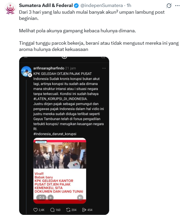 IDNInsight's tweet photo. 📍Setelah diamati ya, ternyata akun @indepensumatera sudah menjadi buzer pemerintah dan sengaja buat keributan supaya dapat banyak p/o dan endorse, hati hati kalian sama akun itu.  

Terlihat postingan yang kadang naik turun perihal mendukung atau pro pemerintah, rasis beda suku, dan postingan yang tidak bertanggung jawab.

Lama lama muak banget lihat beginian, kalau saran akun unfoll saja la, tidak jelas ini.

Tebak berapa kira kira uang jual diri atau tutup mulut akun @indepensumatera ini?