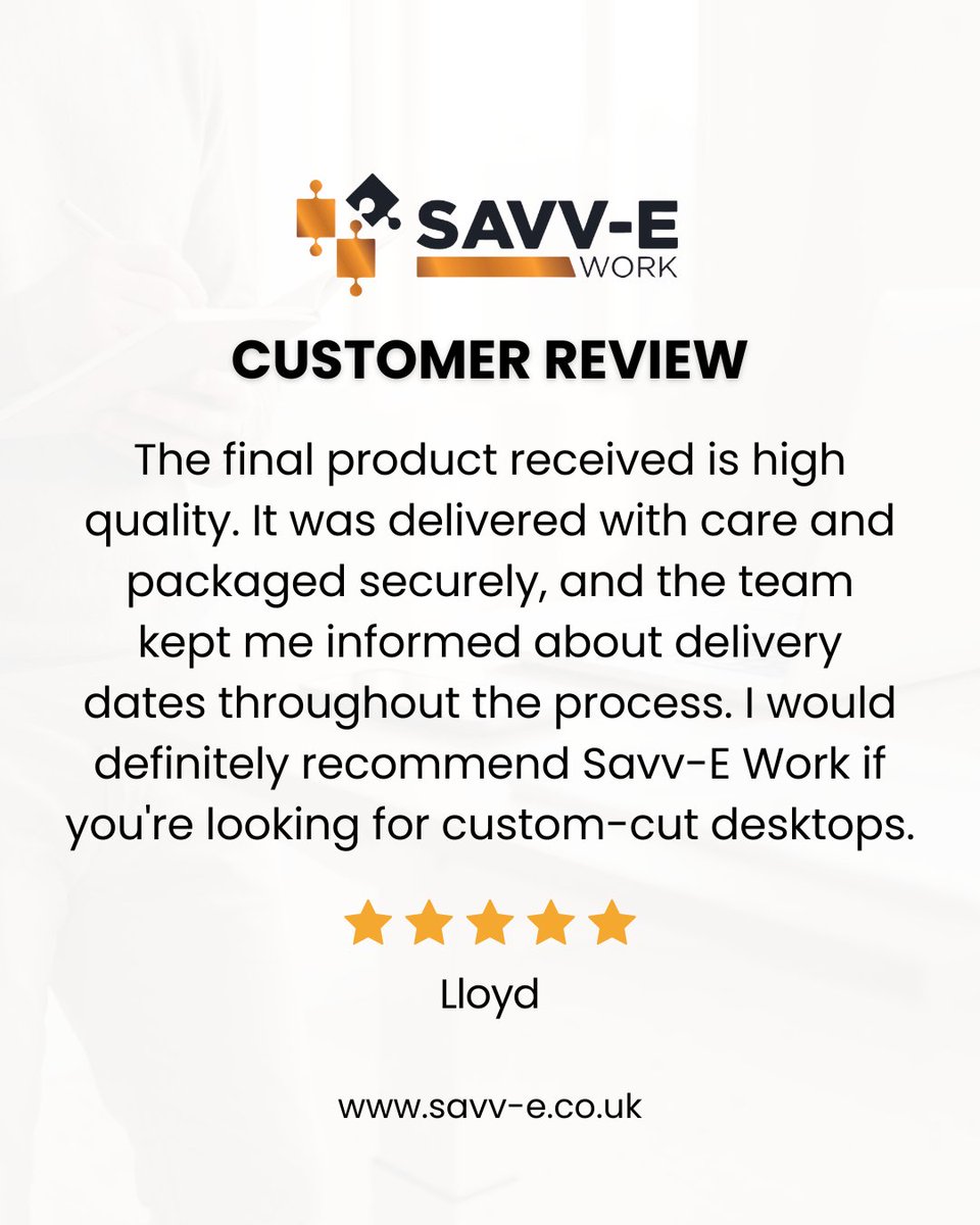 savvework's tweet photo. Thank you for your fantastic feedback, Lloyd. ✨
We're delighted to hear you were pleased with both your bespoke desktop and the service you received.
Thank you for choosing Savv-E Work.
#savvework #customerfeedback #officefurniture #happycustomers #healthyworkplace https://t.co/kAmCi1Zabp