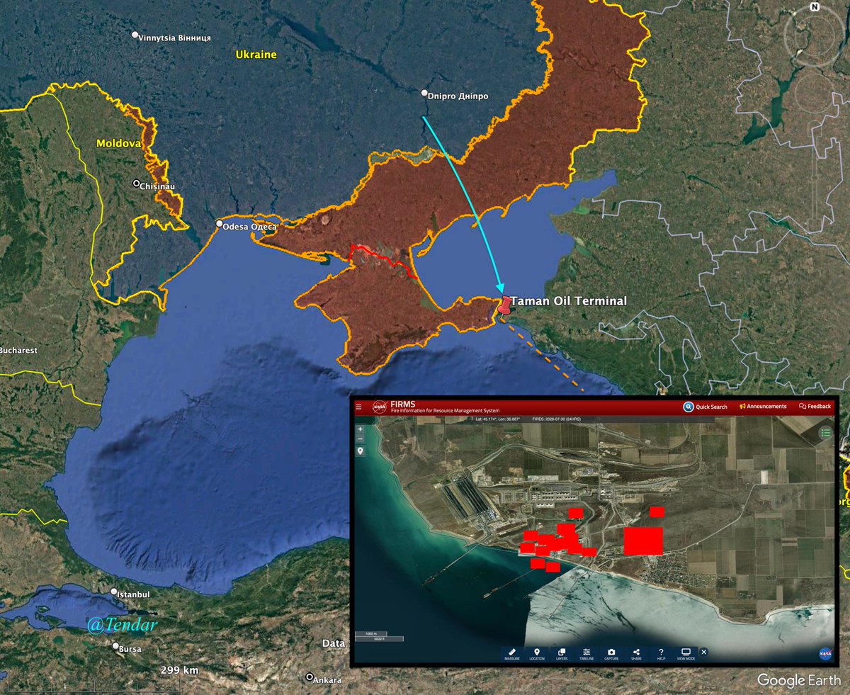 Tendar's tweet photo. The oil terminal and hub of Taman, Krasnodar region, in Russia is on fire. NASA Firms show a huge heat signature coming from the oil silos. https://t.co/Y9sln1fbcv