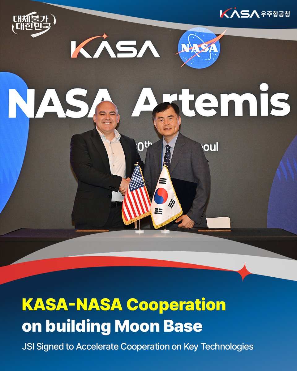 with_KASA's tweet photo. KASA and NASA are advancing cooperation on the Moon Base development.
Through the KASA-NASA Artemis Workshop,
the two agencies signed a JSI
and agreed to expand cooperation.
#KASA #NASA #MoonBase #Moon #SpaceCooperation https://t.co/5VjZmpxygy