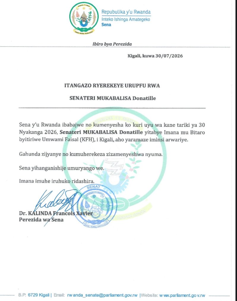 RwandaParliamnt's tweet photo. Statement by the President of the Senate on the death of Senator MUKABALISA Donatille
- - - 
Itangazo ryerekeye urupfu rwa Senateri MUKABALISA Donatille.

Imana imuhe iruhuko ridashira. https://t.co/Qvc2YitYwt