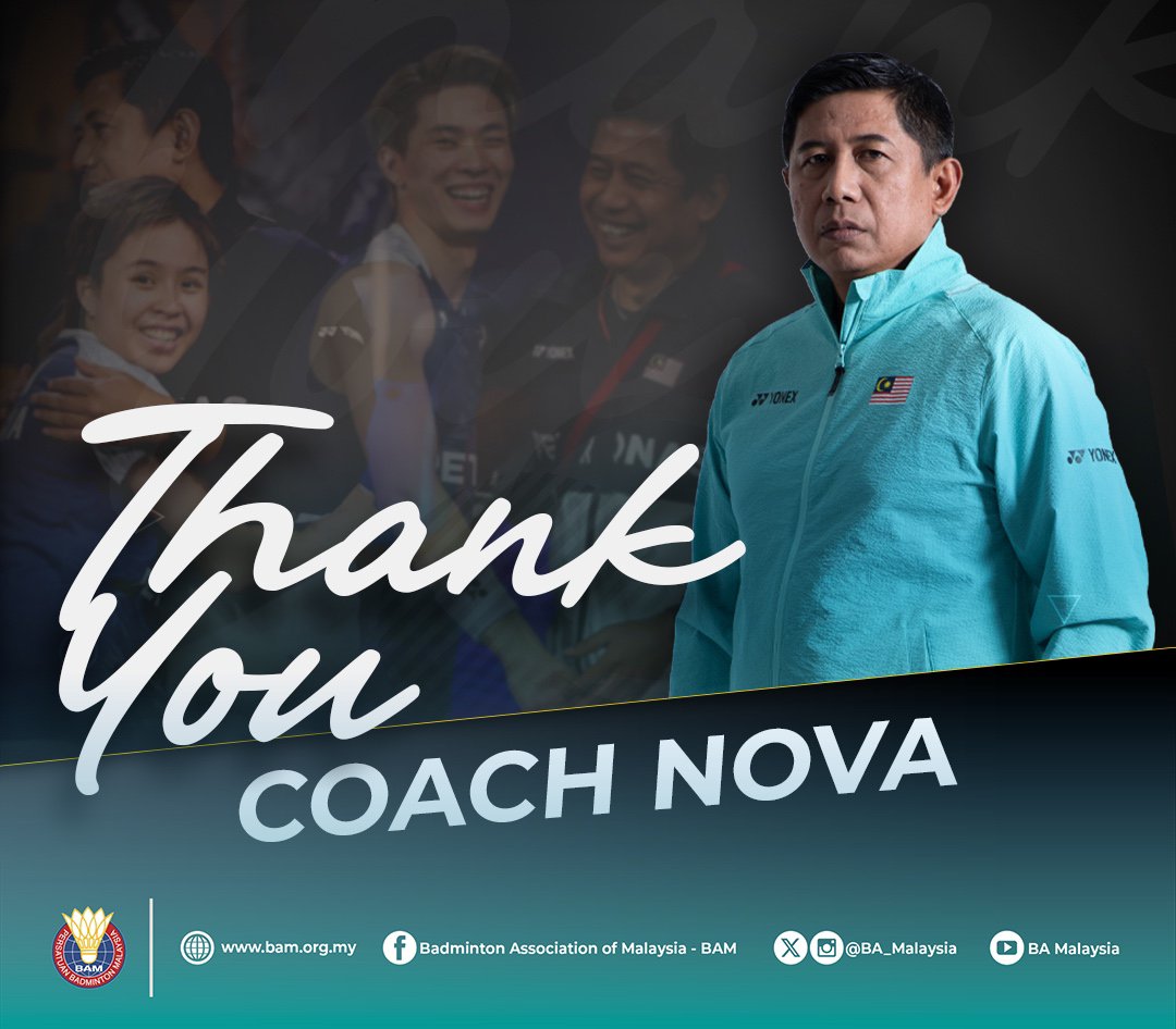 BA_Malaysia's tweet photo. THANK YOU, COACH NOVA

BAM extends its sincere appreciation to Mixed Doubles Head Coach, Nova Widianto, who will conclude his tenure with the national team at the end of July as he returns to Indonesia.

Under his guidance, Malaysia celebrated a historic milestone when Chen Tang Jie-Toh Ee Wei became the nation's first-ever mixed doubles world champions in 2025 🏆

💬 Tengku Datuk Seri Utama @tzafrul_aziz
"Coach Nova has served Malaysian badminton with dedication and professionalism, and his contribution to our mixed doubles programme has been significant. On behalf of BAM, I thank Coach Nova for his service and wish him and his family every success and happiness as they begin their next chapter in Indonesia."

💬 Nova Widianto
"I would like to thank BAM for giving me the opportunity to be part of the Malaysian badminton family. It has been a privilege to work with the players, coaches and support staff, and I am grateful for the support I have received throughout my time in Malaysia. I wish everyone at BAM continued success in the future."

Read more at 🔗https://t.co/iDHkve2cVv