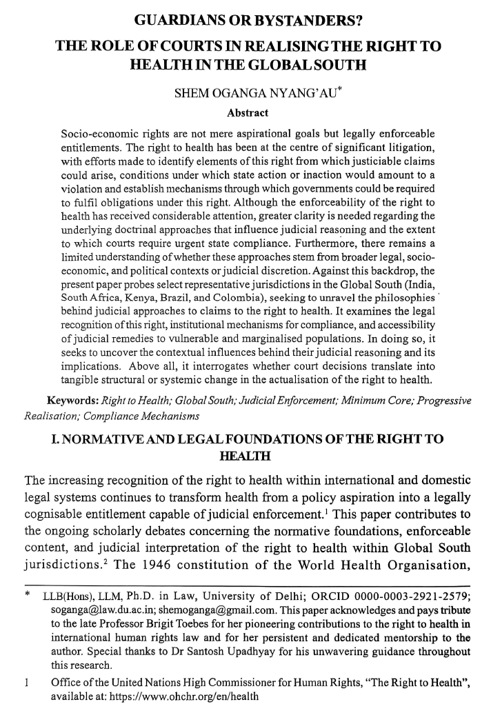 oganga_shem's tweet photo. Delighted to share that my article has been published in the 65th volume of Indian Journal of International Law.
Derived from my doctoral research, the paper examines how courts across the Global South interpret and enforce the right to health. https://t.co/YKiNlwf6aO