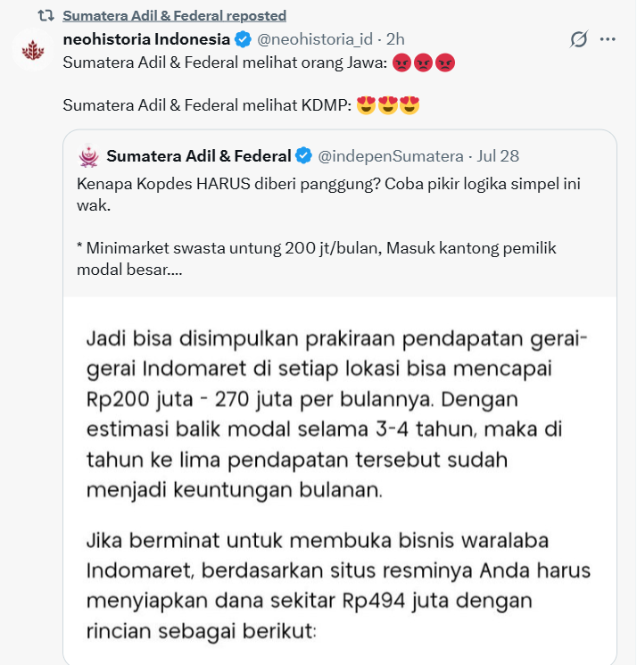 IDNInsight's tweet photo. 📍Setelah diamati ya, ternyata akun @indepensumatera sudah menjadi buzer pemerintah dan sengaja buat keributan supaya dapat banyak p/o dan endorse, hati hati kalian sama akun itu.  

Terlihat postingan yang kadang naik turun perihal mendukung atau pro pemerintah, rasis beda suku, dan postingan yang tidak bertanggung jawab.

Lama lama muak banget lihat beginian, kalau saran akun unfoll saja la, tidak jelas ini.

Tebak berapa kira kira uang jual diri atau tutup mulut akun @indepensumatera ini?