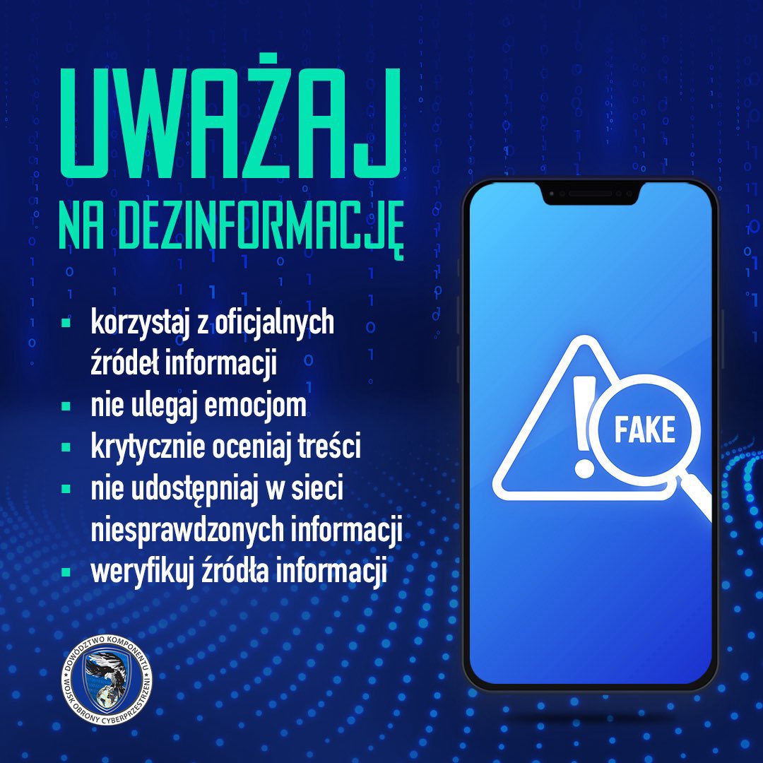 CyberWojska's tweet photo. ⚠️ Uważaj na dezinformację! ⚠️

Dzisiejsze zdarzenie związane z naruszeniem polskiej przestrzeni powietrznej może być wykorzystywane do manipulowania emocjami i dezinformowania opinii publicznej. W natłoku informacji trudno odróżnić prawdę od fałszu. Apelujemy o szczególną ostrożność wobec pojawiających się doniesień w mediach społecznościowych i innych kanałach komunikacji.

Pamiętaj, aby zawsze weryfikować źródła. Nie ulegaj emocjom. Jeśli masz wątpliwości, nie udostępniaj. Zwracaj szczególną uwagę na treści, które mają wywołać silne reakcje emocjonalne.

Bądź czujny, nie daj się wprowadzić w błąd. Korzystaj z oficjalnych źródeł informacji:
🔹 @MON_GOV_PL 
🔹 @SztabGenWP 
🔹 @DowOperSZ 
🔹 @DGeneralneRSZ