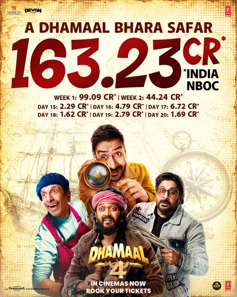 TSeries's tweet photo. This Dhamaal celebration just keeps getting bigger 🤩

Book your tickets now 🎟️
🔗:  https://t.co/DwQUboeHuS

#Dhamaal4 in cinemas now!

@ajaydevgn @ArshadWarsi @Riteishd @jaavedjaaferi @imsanjaimishra #UpendraLimaye #AnjaliAnand @iamsanjeeda @ravikishann #EshaGupta @Indra_kumar_9 #BhushanKumar #KrishanKumar @ADFFilms @KumarMangat #AshokThakeria @shivchanana @NeerajKalyan_24  #VijayPatkar #AksharaPadwal #RiyanshDabhi @TSeries #TSeriesFilms #Marutilnternational @PanoramaMovies @AAFilmsIndia