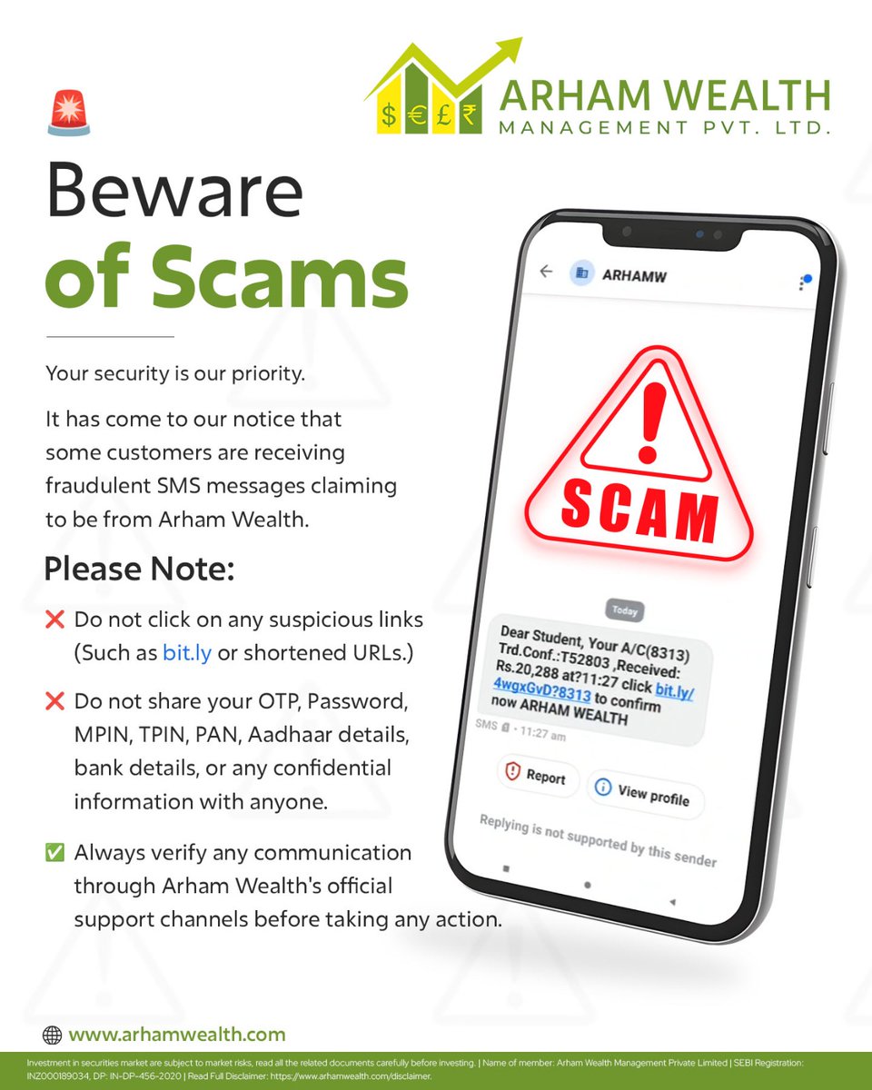 ArhamWealth's tweet photo. 🚨 Beware of Scam SMS
Your awareness is your first line of defense against fraud.
#BewareOfScams #FraudAlert #CyberSafety #StaySafe #OnlineSecurity #InvestorAwareness #FinancialSafety #ArhamWealth #SecureInvesting https://t.co/FHDokz5TRI