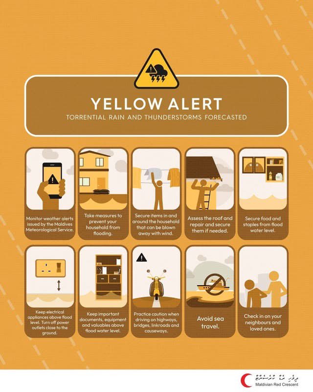 maldivianrc's tweet photo. ⚠️ Yellow Alert for torrential rain &amp; thunderstorms @MetMaldives 

Raa - Vaavu Atoll
1230 - 1600hrs 

Please take precautionary measures!
⭕️Monitor alerts
⭕️Take caution with sea travel &amp; driving on the bridge + highway in strong winds
⭕Take steps to prevent household flooding https://t.co/IBUjeF4dX0